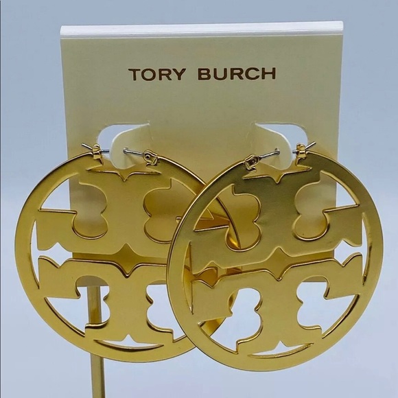 TORY BURCH GOLD LG. MILLER HOOP LOGO EARRINGS NWB! - Picture 7 of 8
